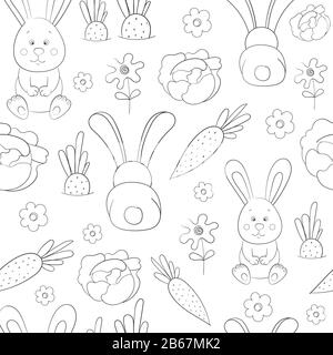 Motif sans couture avec lapins, fleurs, carottes et chou sur fond blanc. Illustration vectorielle. Illustration de Vecteur