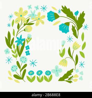 Cadre délicat de fleurs bleues et jaunes sur un fond blanc dans les graphiques vectoriels. Pour la conception de cartes, invitations, félicitations, empaquetage Illustration de Vecteur