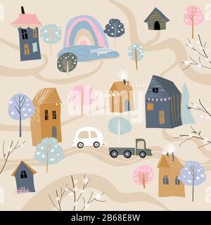 Joli petit village avec arbres fleuris dans un style de dessin animé Illustration de Vecteur