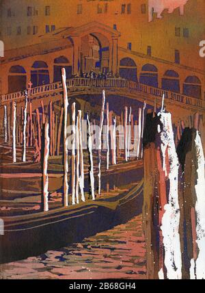 Pont du Rialto et de la ville médiévale de gondoles de Venise, Italie. L'aquarelle de Venise. Banque D'Images