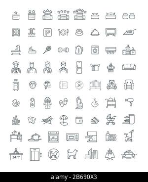 Réservation d'hôtel, de motel ou de chambre d'auberge avec des services de lignes minces icônes vectorielles. Louez un appartement avec des équipements privés pendant votre voyage. Sym. Contour noir Illustration de Vecteur