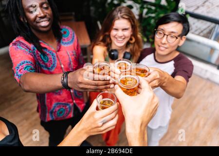Focalisation sélective sur les verres d'un groupe de jeunes de différents groupes ethniques toaster avec la bière élever les verres Banque D'Images