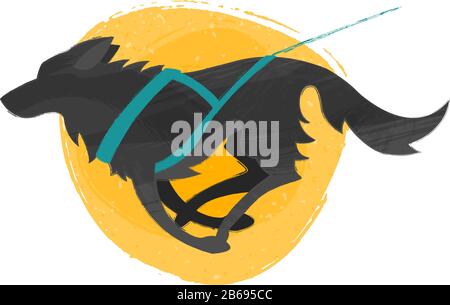 Battage musqué, canicross : chien de traction avec harnais. Chien noir sur fond jaune texturé. Illustration de Vecteur