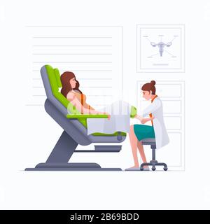 Une jeune femme enceinte ou une jeune femme est posée sur une chaise d'examen gynécologique pendant l'examen gynécologique. Illustration de Vecteur