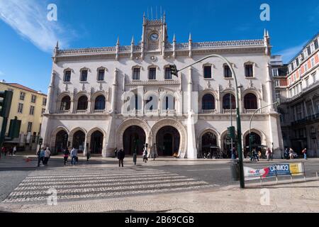 Lisbonne, Portugal - 8 mars 2020: Façade de la gare Rossio Banque D'Images