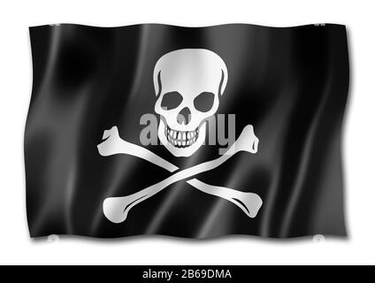 Drapeau pirate, le Jolly Roger, le rendu en trois dimensions, isolated on white Banque D'Images