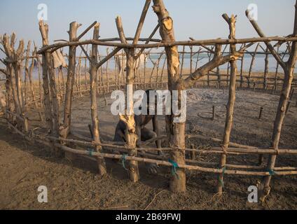 Un garçon de la tribu Mundari qui a nettoyé une zone clôturée dans un camp de bétail, l'Equatoria central, Terekeka, Soudan du Sud Banque D'Images