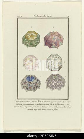 Accessoires Journal des Dames et profils, 1912 costumes Parisiens, No 9 nouveaux Parapluies Six parapluies de couleurs et de motifs différents, exécutés en soie , en crêpe de chine, en mousseline ou en crêton imprimé . Fabricant : fabricant d'impression: Anonyme (indiqué sur l'objet) Lieu de fabrication: Paris Date: 1912 matériau: Papier technique: Engrala (procédé d'impression) Dimensions: H 180 mm × W 110 mm Objet: Fashion plates parapluie quand: 1912 - 19121912 - 1912 Banque D'Images