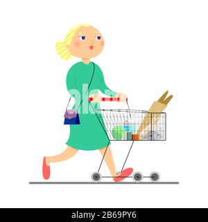 une jeune femme porte une voiturette avec des articles d'épicerie. Maman marche autour du magasin, achète des articles d'épicerie, de la nourriture. Blonde dans une robe avec un sac à main. Illustration de Vecteur