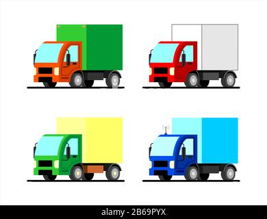 Ensemble de petits camions vectoriels stylisés de différentes couleurs. Chariot avec antenne. Image vectorielle plate sur fond blanc. Illustration pour enfants, lo Illustration de Vecteur