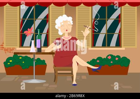 Concept de style de vie malsain. Une femme âgée boit du vin et fume dans un café français de la rue. Rêves de vieillesse. La vie est un succès. Pensione riche au repos Illustration de Vecteur