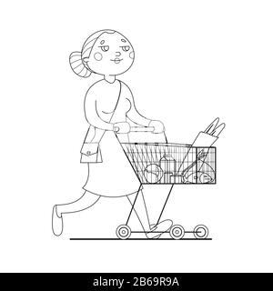 une jeune femme porte une voiturette avec des articles d'épicerie. Maman marche autour du magasin, achète des articles d'épicerie, de la nourriture. Image vectorielle de contour. Pour la page de livre de coloriage. Illustration de Vecteur