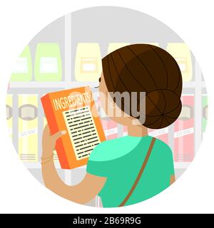 Fille dans le magasin choisit des aliments pour une alimentation adéquate; concept de choix éclairé; étudie la composition du produit; sans OGM; une jeune femme i Illustration de Vecteur