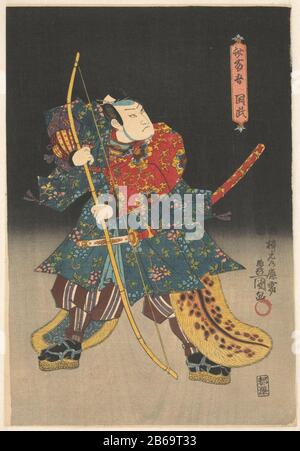 Acteur comme Archer Homme vêtu comme archer avec des leggings faits de la peau d'un cerf et un arc de bambou dans la nuit. C'est une scène du jeu kabuki 'Motomishi hana Otogi Heike 'Où: Acteur Ichikawa IV Kodanji le rôle de l'archer Saitôgo Kunitake, joue également Hasebe Nobutsuna. Lame gauche d'un vierluik. Fabricant : printmaker: Kunisada (I), Utagawa (propriété cotée) Lieu de fabrication: Japon Date: 1847 Caractéristiques physiques: Bloc de lignes en noir avec blocs de couleurs matériau: Papier technique: Couleur bois dimensions: H 376 mm × W 258 mmTelieliechtingLinker feuille de tétralogie (complète) Banque D'Images