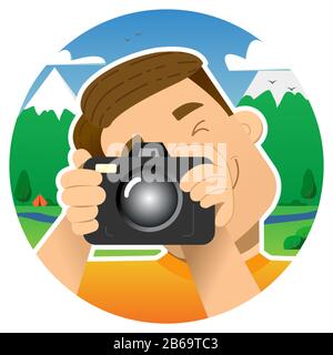 tourisme, voyageur, grimpeur, gars souriant avec un appareil photo dans les montagnes, sur fond de montagnes; photographies en pressant 1 oeil Illustration de Vecteur