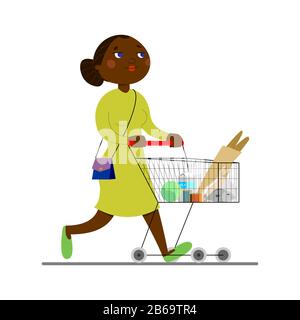 Jeune femme africaine américaine transportant une voiturette avec des articles d'épicerie. Maman marche autour du magasin, achète des articles d'épicerie, de la nourriture. Femme à peau foncée dans une robe avec un ha Illustration de Vecteur