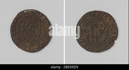Adolf II et Philippe de Cleves, seigneurs de Ravenstein Koperen penning. Voorzijde: Wapenschild binnen cirkel, opgebouwd it verschillende bogen en omschrift. Keerzijde: Monogramme van de lettres C en P binnen cirkel opgebouwd uit vier versierde bogen en omschrift Fabricant : anoniem Dating: 1492 kenmerken physique: Koper Material: Koper Techniek: Slaan Dimensions: D 2,8 cm. × g 3,64 grOnderwerpWie: Heer Ravenstein Adolf II van Kleef en Markheer van Ravenstein Filips van Kleef Banque D'Images