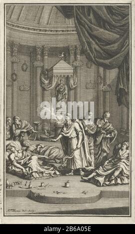 Aesculapius infirmières malades dans un temple Le célèbre Aesculapius, le dieu de la santé et de la médecine, infirmières avec son personnel dans sa main allongé malade sur matelas dans un temple. Gauche et droite prendre soin de lui esclaves aussi au sujet de la maladie-fulifiée figuren. Fabricant : Print Maker: Jacob Folkema (indiqué sur l'objet) à dessin de: Jacob Folkema (indiqué sur l'objet) Date: 1702 - 1767 Caractéristiques physiques: Matière de gravure: Technique du papier: Dimensions de gravure: Feuille: H 169 mm × W 101 mm Sujet: Aesculapius guérison Banque D'Images