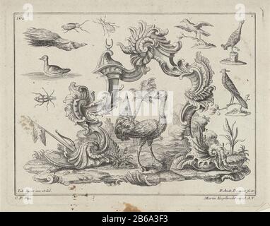 Afrique quatre continents (titre de la série) Sous un arc de perles de semences est un autruche. À la distance, un palmier et une pyramide. L'arche est entourée d'oiseaux, d'insectes, d'armes et d'une faucille. En haut à gauche 162 genummerd. Fabricant : printmaker Philipp Andreas Degmair (propriété cotée) au dessin: Johann Baur (bâtiment classé) éditeur Martin Engelbrecht (propriété cotée) fournisseur de privilèges inconnu (propriété cotée) Lieu de fabrication: Augsburg Dating 1719 - 1749 Caractéristiques physiques: Matière de gravure technique: Papier: Dimensions de gravure: Bord de la plaque: H 185 mm × W 238 mm Objet: L'Afrique représentait al Banque D'Images