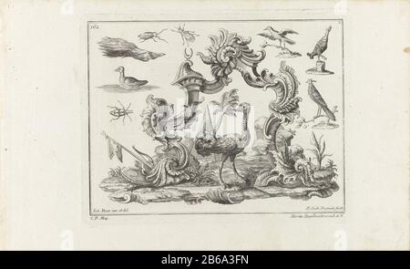 Afrique quatre continents (titre de la série) Sous une arche de perles de semences est un autruche . À la distance, un palmier et une pyramide. L'arche est entourée d'oiseaux, d'insectes, d'armes et d'une faucille. En haut à gauche 162 genummerd. Fabricant : printmaker Philipp Andreas Degmair (propriété cotée) au dessin: Johann Baur (bâtiment classé) éditeur Martin Engelbrecht (propriété cotée) fournisseur de privilèges inconnu (propriété cotée) Lieu de fabrication: Augsburg Dating 1719 - 1749 Caractéristiques physiques: Matière de gravure technique: Papier: Dimensions de gravure: Bord de la plaque: H 185 mm × W 238 mm Objet: Afrique représentée Banque D'Images