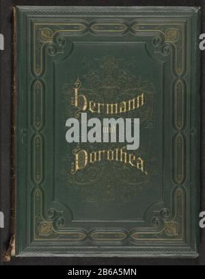 Album photo avec reproductions de peintures de AG von Ramberg pour travailler "Hermann und Dorothea" JW von Goethe Hermann und Dorothea (titre objet) ceinture verte avec l'appartement pour le titre en or et décorations avec motifs géométriques et végétaux, en partie en relief. Le dos de la bande est en cuir brun, les bractées de papier blanc gaufré, les pages d'album doré. 67 pages imprimées le texte de l'épopée 'Hermann und Dorothea' (première édition 1797) de Johann Wolfgang von Goethe (1749-1832), entrecoupées de huit reproductions photographiques de peintures à l'huile d'Arthur Georg von Ramberg (1819-1875) . Fabricant Banque D'Images