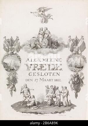 Allégorie et calligraphie à la paix d'Amiens, 1802 utilisations communes paix, a fermé le 27 mars 1802 (titre objet) Allégory de paix conclu à Amiens le 27 mars 1802 entre la République Batavière et la France et la Grande-Bretagne. Au-dessus du titre calligraphique se tiennent la paix et la constance (avec un portrait de Napoléon). Au-dessus de ce groupe, Fame vole avec la branche de palmier et les bras de la République française et de la Grande-Bretagne. Sous-dessous bat Des Cheats De Force et des points Vertu Wealth et Science pour la paix. Des côtés des Conséquences de la paix. A laissé l'épanouissement du commerce et de l'agriculture, le hareng droit f Banque D'Images