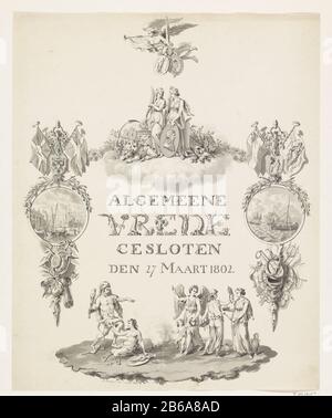 Allégorie et calligraphie à la paix d'Amiens, 1802 utilisations communes paix, a fermé le 27 mars 1802 (titre objet) Allégory de paix conclu à Amiens le 27 mars 1802 entre la République Batavière et la France et la Grande-Bretagne. Au-dessus du titre calligraphique se tiennent la paix et la constance (avec un portrait de Napoléon). Au-dessus de ce groupe, Fame vole avec la branche de palmier et les bras de la République française et de la Grande-Bretagne. Sous-dessous bat Des Cheats De Force et des points Vertu Wealth et Science pour la paix. Des côtés des Conséquences de la paix. A gauche l'épanouissement du commerce et de l'agriculture, le haringvis droit Banque D'Images