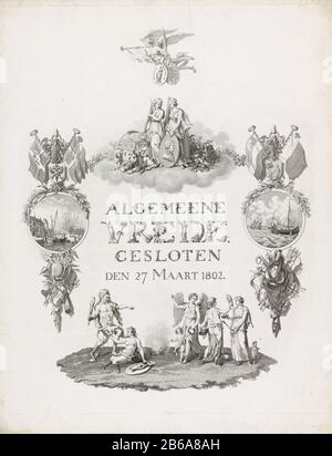 Allégorie et calligraphie à la paix d'Amiens, 1802 utilisations communes paix, a fermé le 27 mars 1802 (titre objet) Allégory de paix conclu à Amiens le 27 mars 1802 entre la République Batavière et la France et la Grande-Bretagne. Au-dessus du titre calligraphique se tiennent la paix et la constance (avec un portrait de Napoléon). Au-dessus de ce groupe, Fame vole avec la branche de palmier et les bras de la République française et de la Grande-Bretagne. Sous-dessous bat Des Cheats De Force et des points Vertu Wealth et Science pour la paix. Des côtés des Conséquences de la paix. A laissé l'épanouissement du commerce et de l'agriculture, le hareng droit f Banque D'Images