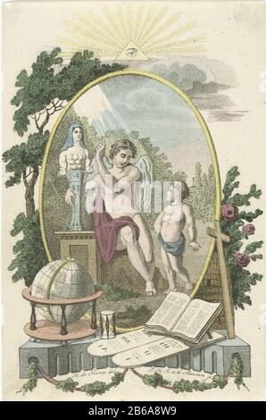 Allégorie avec un ange et une statue de mère nature Présentation dans un ovale avec un homme ailé, qui embrasse un puto reflète le ciel et une image de mère nature. Au premier plan, un globe, un sablier, une Bible, les Tables de la Loi, une croix et une ruche. Au milieu au-dessus du Dieu De L'œil De La Vue. Fabricant : Print maker: Pieter van der Meulen (indiqué sur l'objet) à dessiner de: Henry The Flines (indiqué sur l'objet) Lieu de fabrication: Amsterdam Date: 1790 - 1858 Caractéristiques physiques: Stippelets, gravure et pinceau couleur matériau : papier technique: Stippelets / etch / main-couleur mesurem Banque D'Images
