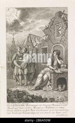 Allelory Leidens désastre, 1807 La ville de Leiden vierge assis écriture sur son malheur entre les ruines après la catastrophe de la poudre à canon à Leiden le 12 janvier 1807. Elle trouve le solace dans deux vêtements Roemeinse néerlandais indiquent les bras de Leiden et de sortir dans la main d'amitié. Depuis le ciel, les moniteurs De L'œil De La Vue. Sous un foies à quatre lignes. Fabricant : printmaker, Noah van der Meer (II) (bâtiment classé), conçu par John le Franck de Berkhey (propriété cotée) Lieu de fabrication: Pays-Bas Date: 1807 - 1812 Caractéristiques physiques: Gravure et engrafage matériel: Papier technique: Gravure / engrafage Banque D'Images