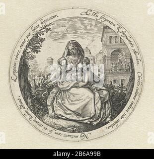 Allégorie de la prudence et de l'innocence Représentation ronde d'une femme dans un jardin. Sur son tour deux colombes, deux serpents dans sa main droite. En arrière-plan à droite un groupe de personnes dans la loggia d'un grand bâtiment. Pour afficher un tekst latin. Fabricant : printmaker: Hendrick Goltzius (bâtiment classé) dans son design: Hendrick Goltzius Editeur: Hendrick Goltzius Lieu de fabrication: Haarlem Dating: CA. 1580 - env. 1582 Caractéristiques physiques: Matériau de la voiture: Technique du papier: Dimensions de la prise (processus d'impression): D 74 mm Objet: Prudence, 'Prudentia'; 'Prudenza '(Ripa)  l'un Des Quatre Cardinal VirtuesInnocence Banque D'Images