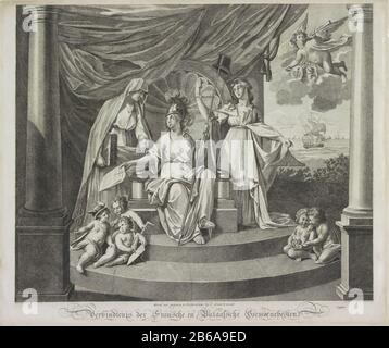 Allégorie de l'Alliance avec la France, 1795 alliance de la Communauté française et Batavière Besten (titre objet) Allégory of Alliance conclue entre la République Batavière et la France, 1795. La liberté assise sur un trône a laissé la religion à droite égalité. Dans les escaliers, il y a trois enfants à gauche, Arts et Sciences, les deux enfants à droite, les Frères musulmans. Dans les nuages la renommée avec les bras français et néerlandais. Lorsque l'impression inclut un verklaring. Fabricant : Print Maker: Jeremias Snoek (indiqué sur l'objet) au dessin de: Gijsbertus Johannus van den Berg (indiqué sur l'objet) éditeur: J. Groenewoud (indic Banque D'Images