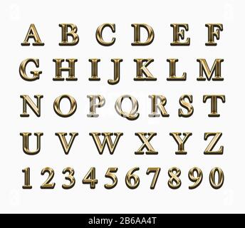 Alphabet doré et chiffres sur fond blanc. Banque D'Images