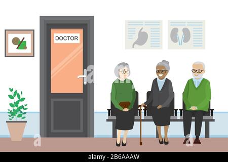 Porte de dessin animé au bureau du médecin et les personnes âgées attendent, illustration vectorielle plate Illustration de Vecteur