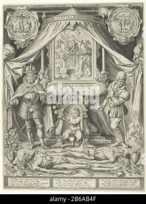 Allégorie de la mort et la transition de la vie dans une tente ronde appelle un puto soufflant (l'homme homosexuel est une bulle '- est au bord de l'alcôve où il est), flanqué d'un empereur et d'une main ferme. Au-dessus du puto une représentation du jugement dernier. Cartouche supérieure gauche avec représentation circulaire de l'automne ; coin droit d'une cartouche avec représentation ronde de la Crucifixion. Au premier plan se trouvent deux corps (l'empereur et l'agriculteur, selon la couronne cassée à l'avant gauche et à l'avant droit de la pelle battue). Gauche au premier plan est également un vase de fleurs; droite, Banque D'Images