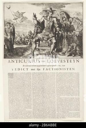 Allégorie offerte sur erfstadhouderschap le prince d'Orange, 1674 Anticurius de Loevesteyn (titre objet) Anticurius de Loevesteyn. Allégorie sur l'erfstadhouderschap offert au prince d'Orange, 1674. La personnification de la faction Loevesteinse assise sur le siège du gouverneur revêtue de tracts patriotische du parti des frères de Witt. À ses pieds guerre en mer et sur terre. Derrière la chaise se trouve le roi français Louis XIV avec une carte de la Hollande. À gauche se trouve la personnification De Où: Avertissement avec des jumelles en main un livre représentant le meurtre des frères de Witt. Et Banque D'Images