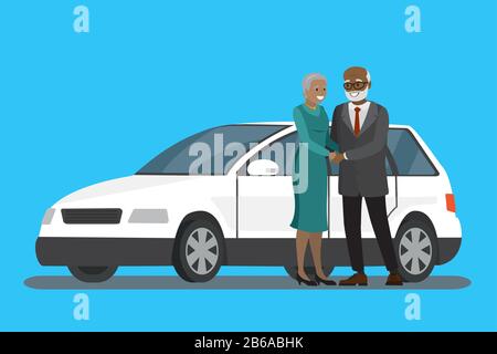 Caricature couple de personnes âgées d'amérique africaine debout près de la voiture blanche, illustration vectorielle plate. Illustration de Vecteur