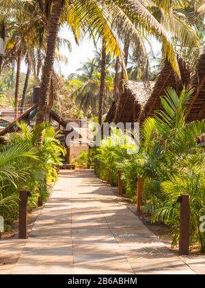 Cabanes de plage et cottages en bambou, tuiles d'argile et feuilles de noix de coco. Image concept de destination de vacances à Goa, Inde.images de vacances et de voyage Banque D'Images