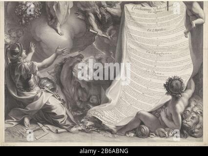 Allégorie du pouvoir de Louis XIV partie inférieure d'une photo où: Par le roi Louis XIV en robe romaine, est couronné par la personnification de l'Immortalité et de la paix le conduit. Le texte sur le tissu roulé donne les principaux points d'un traité philosophique de J.B. Colbert les Croissy. Fabricant : printmaker Gerard Edelinck (propriété listée) au dessin de Charles le Brun (bâtiment listé) printmaker: Plus riche (propriété listée) fournisseur de privilèges: Louis XIV (roi de France) (listée sur l'objet ) Lieu de fabrication: Printmaker Paris au dessin: Paris imprimer auteur: Paris (possible) fournisseur de Banque D'Images