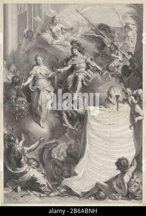 Allégorie du pouvoir de Louis XIV impression de deux parties. Le roi Louis XIV, en uniforme romain, a piétiné un échantillon alors que la personnification de l'immortalité il couronne et paix qu'il prend à la main. Un ange avec un drapeau indiquant une armure, attaché à un palmier. Le texte sur le tissu roulé donne les principaux points d'un traité philosophique de J.B. Colbert les Croissy. Fabricant : printmaker Gerard Edelinck (propriété cotée) au dessin de Charles le Brun (bâtiment classé) printmaker: Plus riche (propriété cotée) fournisseur de privilèges: Louis XIV (roi de France) (inscrit à l'objet ) Lieu de fabrication: PR Banque D'Images