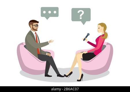 belle femme cacacacasienne reporter interroge un homme d'affaires, isolé sur fond blanc, illustration vectorielle Illustration de Vecteur