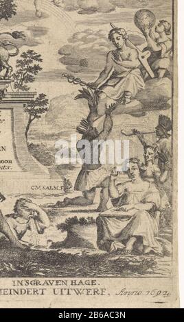 Allégorie sur la page titre de la plante pour Theodorus Clean, Waare oeffening et décomposition des plantes, 1692 la vierge hollandaise avec couronne de mur sur la tête et clé en main, sur un piédestal. Les nuages putti. Deux Indiens qui fument du tabac. Page de titre d'un livre sur les plantes et tabak. Fabricant : printmaker Anthony van Zijl Velt (propriété cotée) conçu par C. Salm (bâtiment classé) éditeur: Meyndert Uywerf (i) (bâtiment classé) Lieu de fabrication: Printmaker : Amsterdam Éditeur: Den Haag Date: 1692 Caractéristiques physiques: Gravure et engring matériel: Technique papier: Gravure / engrá ( Banque D'Images