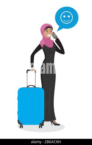 Dessin animé jeune femme arabe tenant une valise moderne bleue et parlant au téléphone, isolée sur fond blanc, illustration vectorielle Illustration de Vecteur