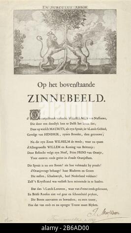 Allégorie de l'élévation de William IV, 1747 et de Surculus Arbor (titre objet) Allégory sur l'élévation de William IV en tant que gouverneur de la République Mai 1747. L'Orange tenu par les Néerlandais et le Lion britannique (roi avec couronne). La seringue est maintenant devenue un arbre (William IV). Sur les deux buissons latéraux avec des roses anglaises. Imprimé d'une ancienne plaque faite à l'occasion du mariage du prince William et de Marie en 1641 coincé sur une feuille avec un verset sur l'élévation de William IV Main signée par Mars Horn et inscription se référant à la Chambre de Rhétorique de Haarlem mariage doit expression en 1747. Manufa Banque D'Images