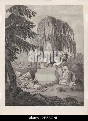 Mémorial allégorique à George William Frederick, Prince d'Orange-Nassau mémorial Allégorique pour William George Frederick, prince d'Orange-Nassau, décédé Padoue, 6 janvier 1799. Dans un monument ombragé par des saules pleurés est un puto pleurant avec une torche non éclairée. Un autre puto montre un casque et le troisième est dans le portrait. Sur le sol de l'armure et des bannières du monument, en arrière-plan un ruitergevecht. Fabricant : printmaker: James Wiseman au dessin: Jan Willem Pieneman lieu de fabrication: Amsterdam Date: 1799 Caractéristiques physiques: Gravure; matériau d'épreuvage: Technique du papier: Gravure cotesi Banque D'Images