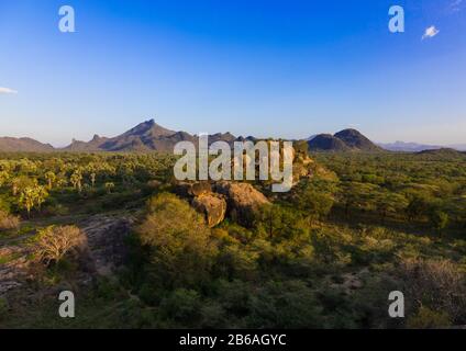 Oasis devant les montagnes de la Boya, les montagnes de la Boya, Imatong, Soudan du Sud Banque D'Images