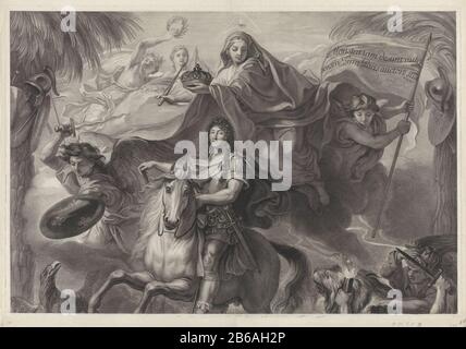 Portrait équestre allégorique de Louis XIV, roi de France Haute partie d'une photo avec allégorie de la victoire du roi Louis XIV La Sainte trinité détient la couronne française sur la tête du roi Louis XIV à cheval. Outre ses deux anges Où: Un drapeau de la France a conquis les territoires vastoudt. Fabricant : printmaker Gerard Edelincknaar design: Charles le Brunverlener de privilège: Louis XIV (roi de France) Lieu de fabrication: Printmaker Paris pour concevoir Paris fournisseur de privilèges: France (possible) Date: 1677 Caractéristiques physiques: Matière automobile: Papier technique: Engraa (proce d'impression Banque D'Images