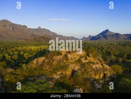 Oasis devant les montagnes de la Boya, les montagnes de la Boya, Imatong, Soudan du Sud Banque D'Images