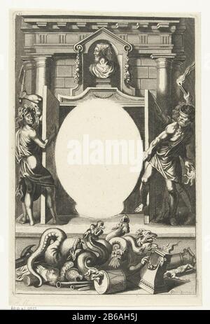Cadre allégorique Le devant du temple de Janus. Buste à deux têtes de Janus. Le temple des portes est ouvert par quatre figures. La Fury aveugle a raison (avec un banlément et une torche) et un autre homme avec une torche. Les liens sont Discordia (avec la tête de Medusa) et un homme avec une hache dans sa main. Sous la photo l'Hydra à sept têtes (symbole de l'hérésie) art et objets religieux vernietigd. Fabricant : printmaker: Gaspar Bouttats (propriété cotée) à imprimer à partir de: Lucas Vorsterman (I) en dessinant de Peter Paul Rubens Lieu de fabrication: Anvers Date: 1650 - 1695 feat physique Banque D'Images