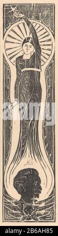 Figure allegorische avec portrait de Multatuli UNE femme se lève au-dessus du portrait de Multatuli. Derrière sa tête un cercle ha rayons. Avec son bras gauche, elle atteint pour une ster. Fabricant : printmaker Mathieu Lauw Erik Date: 1894 et / ou 1935 matériau: Papier japonais technique: Coupe du bois Dimensions: Feuille: H 339 mm × W 135 mmToelichtPrent utilisations possibles pour: Lumière et Où: De. Organe du syndicat "Qui: Do ​​Overcomes". Amsterdam: Qui Pense Hiver, 24 Février 1894. C'est un afdruk posthume. Objet: Portrait d'une figure debout writerde stars - AA - femme figure humaine tête du lion et droite Banque D'Images